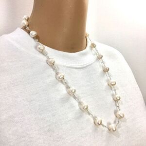 Baroque Pearl Necklace White Pearls AB Glass Beads Silver Tone Rosary Link 23in